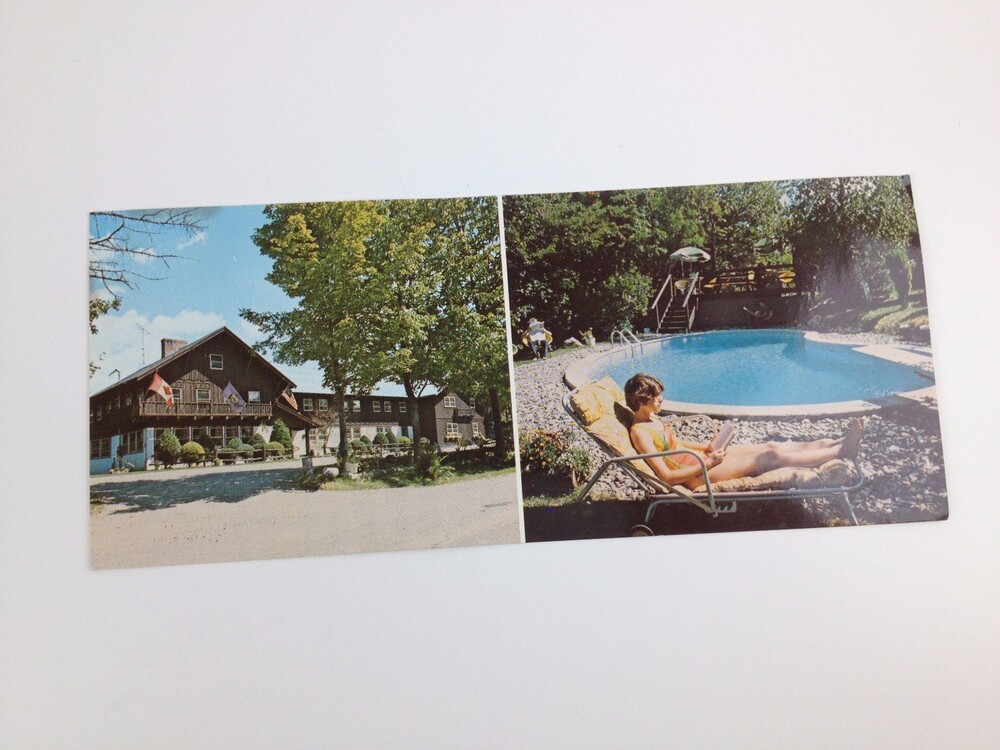 VTG Post Card Alp-Hof Lodge Mt Snow Pool Vermont Woman Sunbathing 70s Resort